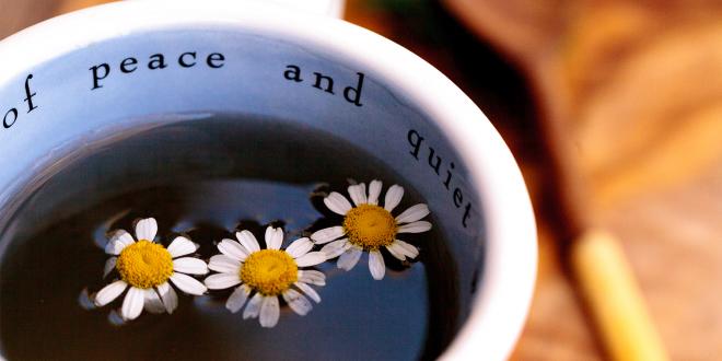 A cup of chamomile tea. The mug says "peace and quiet."