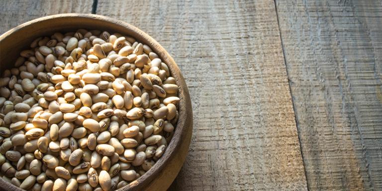 A natural wood bowl of roasted soy beans